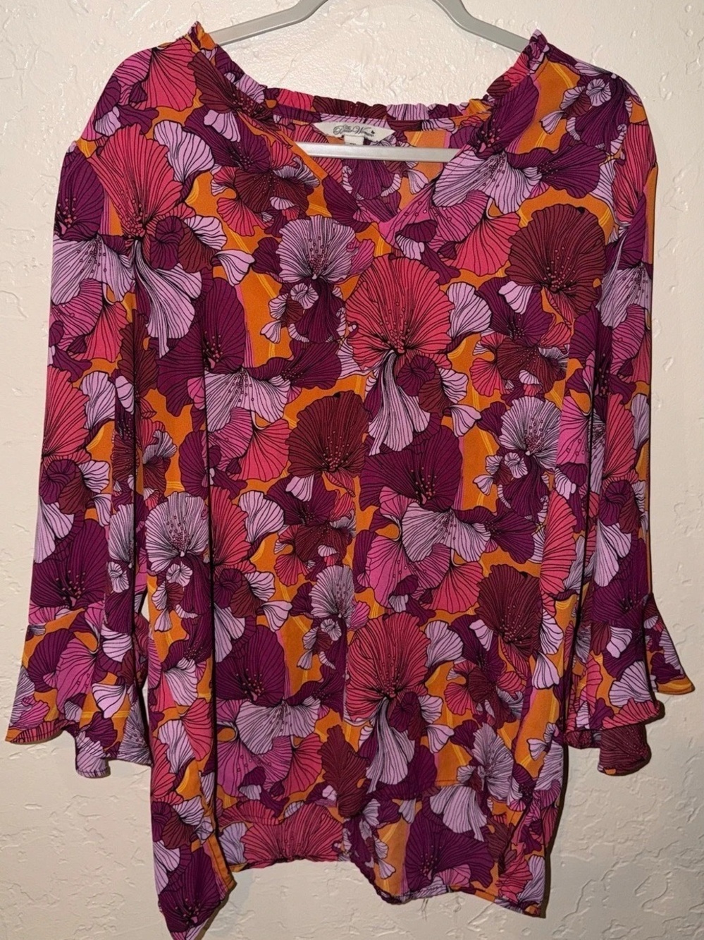 The Pioneer Woman Floral Print Blouse with Ruffle Sleeves Pink & Purple XXL